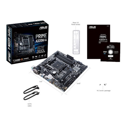 Asus PRIME A320M-A Processor family AMD, Processor socket AM4, DDR4-SDRAM 2133,2400,2666,2933,3200 MHz, Memory slots 4, Supported hard disk drive interfaces M.2, Number of SATA connectors 6, Chipset AMD A, Micro ATX