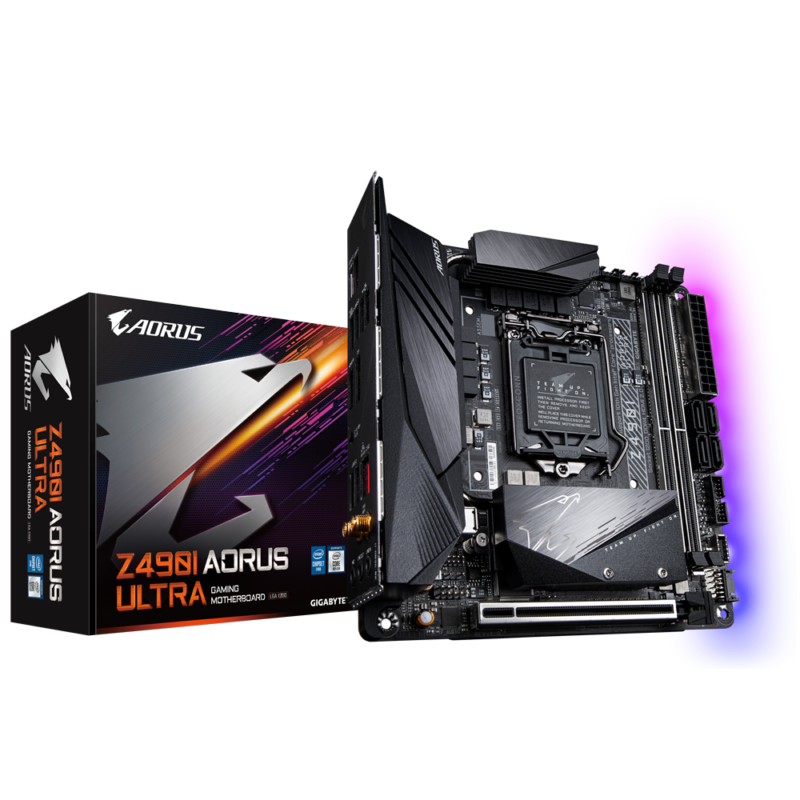 Gigabyte Z490I AORUS ULTRA 1.1 Processor family Intel, Processor socket LGA1200, DDR4 DIMM, Memory slots 2, Number of SATA connectors 4 x SATA 6Gb/s connectors, Chipset Intel Z, Mini ITX