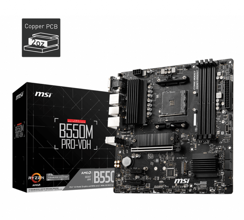MSI B550M PRO-VDH	 Processor family AMD, Processor socket AM4, DDR4, Memory slots 4, Number of SATA connectors 4, Chipset AMD B, MATX