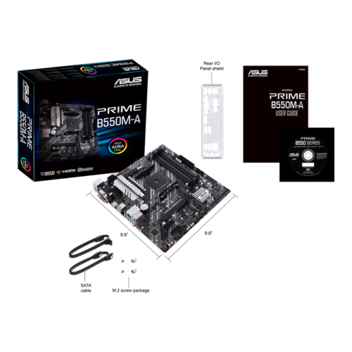 Asus PRIME B550M-A Processor family AMD, Processor socket AM4, DDR4, Memory slots 4, Supported hard disk drive interfaces M.2, SATA, Number of SATA connectors 4, Chipset AMD B, Micro ATX