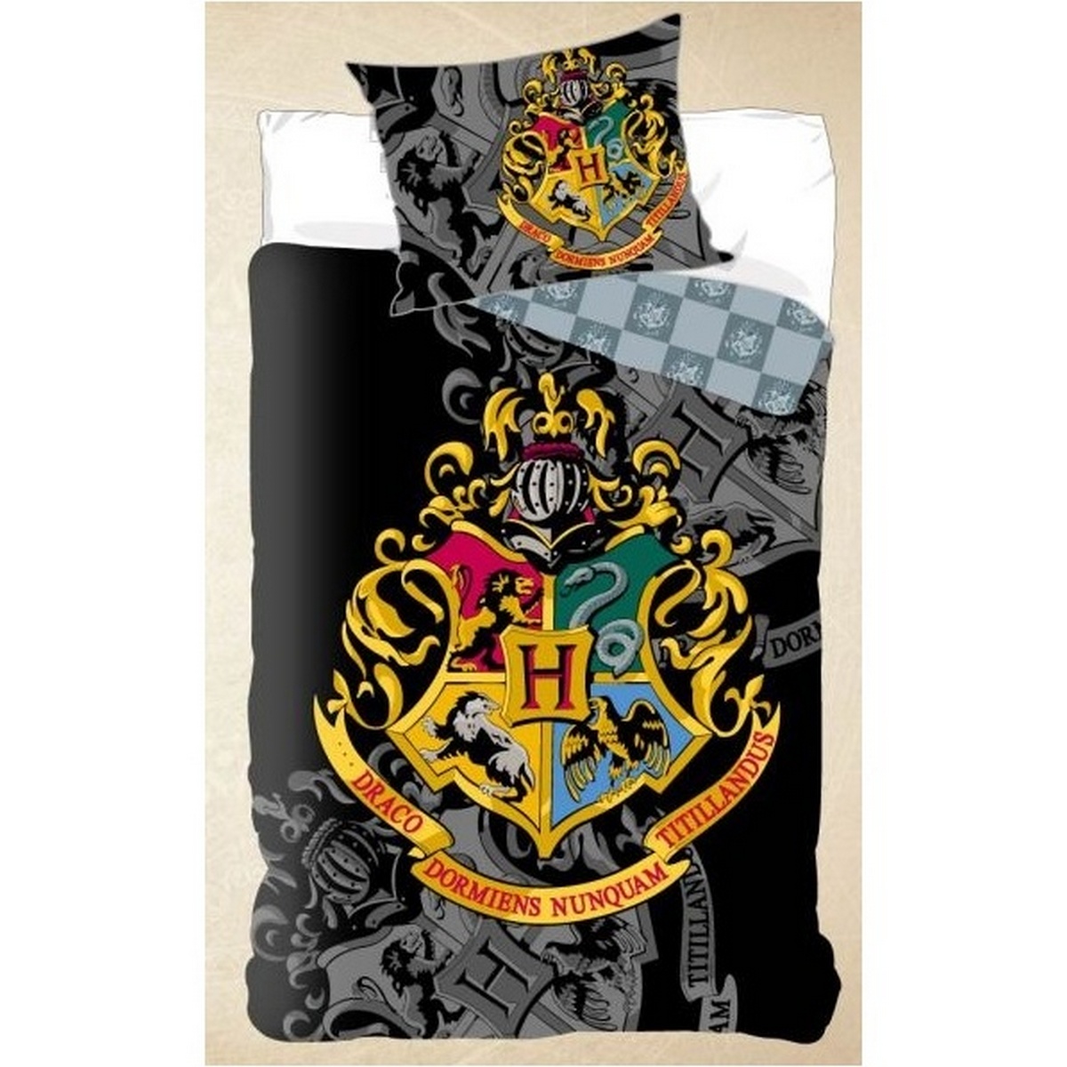 Single Duvet and Pillow Set: Harry Potter – Hogwarts Crest (Black), 140x200cm
